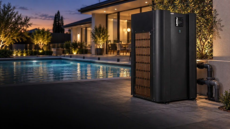 Black Guardian Lux V pool heat pump with side coil grille beside a backyard pool at dusk