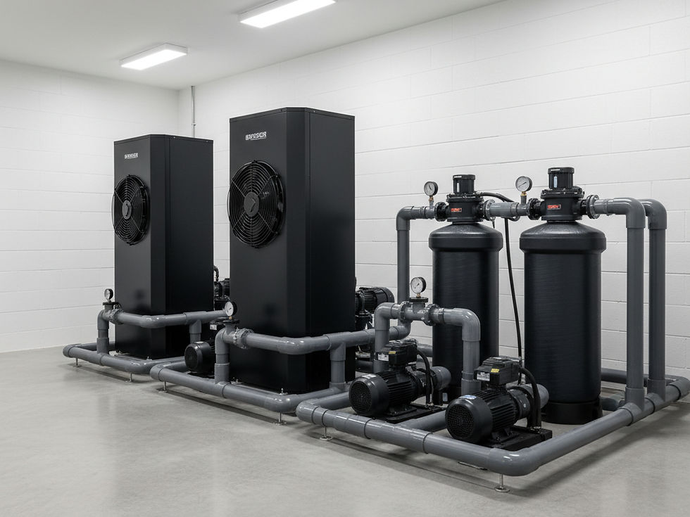 Commercial pool plant room with two black Guardian heat pump units, filters and pumps