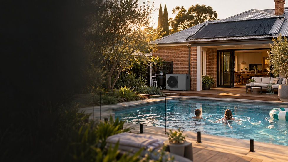 Adelaide home at dusk with rooftop solar collectors, a Guardian heat pump and kids in the pool