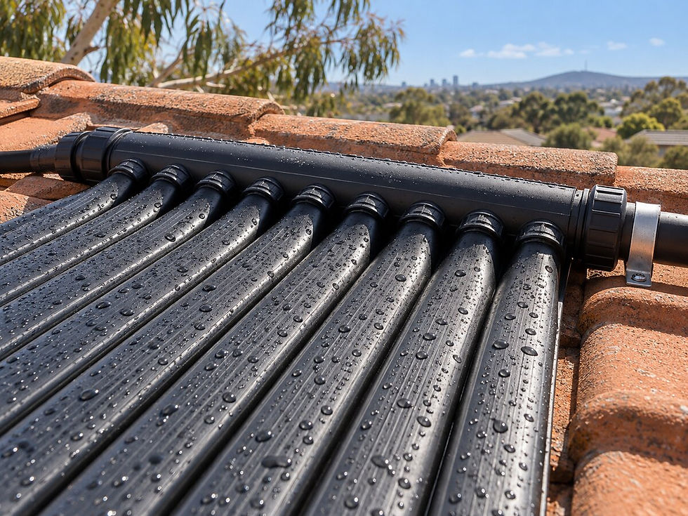 Close-up of Zane TPR solar collector tubes and header on a tile roof with the city behind