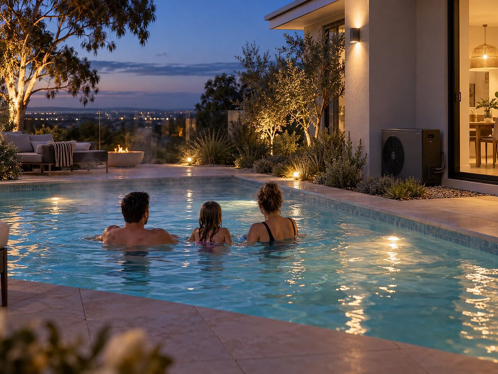 Family swimming at dusk in a heated backyard pool with a Guardian heat pump nearby