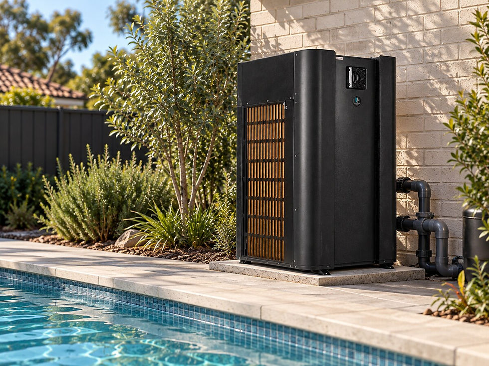 Guardian Lux V heat pump against a rendered wall beside a pool with garden planting