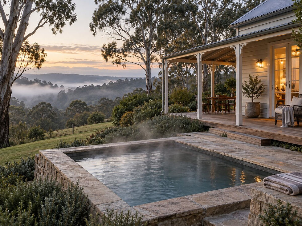 Steaming heated plunge pool at a cottage in the misty Adelaide Hills