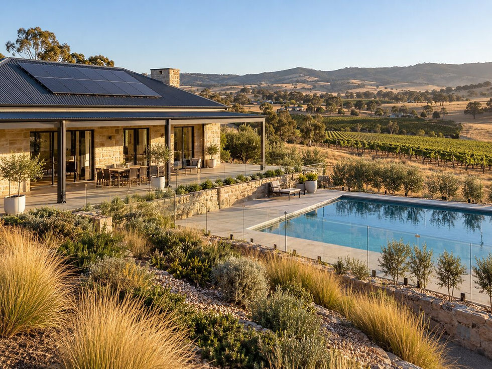 Regional South Australian home with rooftop solar pool heating overlooking vineyards and a lap pool