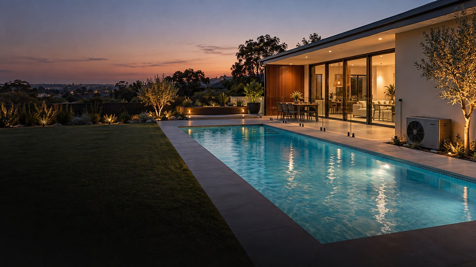 Heated pool at a modern Adelaide home glowing at dusk with the family inside