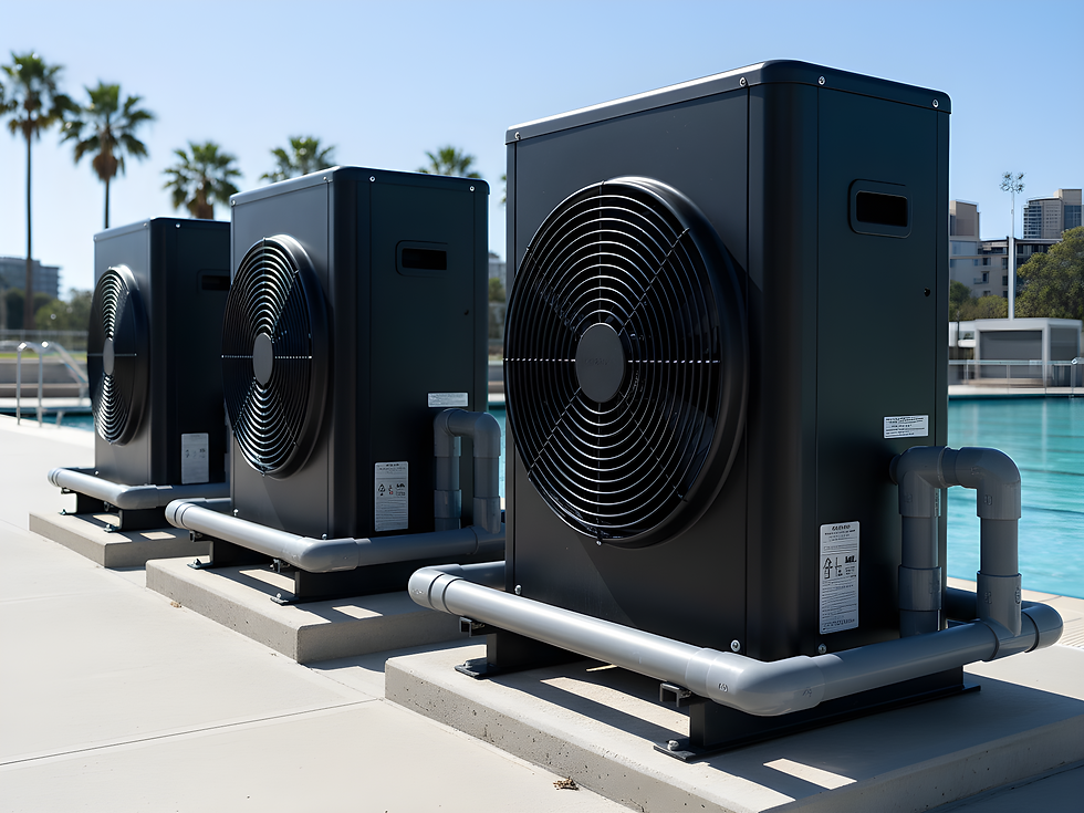 Row of three black commercial Guardian pool heat pumps on concrete pads beside an aquatic centre lap pool
