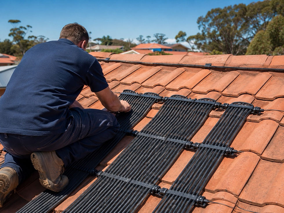 Beasley installer fitting Zane solar matting to a terracotta tile roof