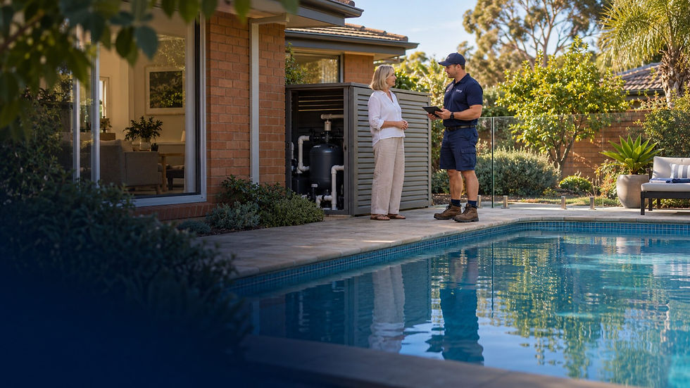 Beasley technician talking with a homeowner beside the pool heat pump and equipment bay