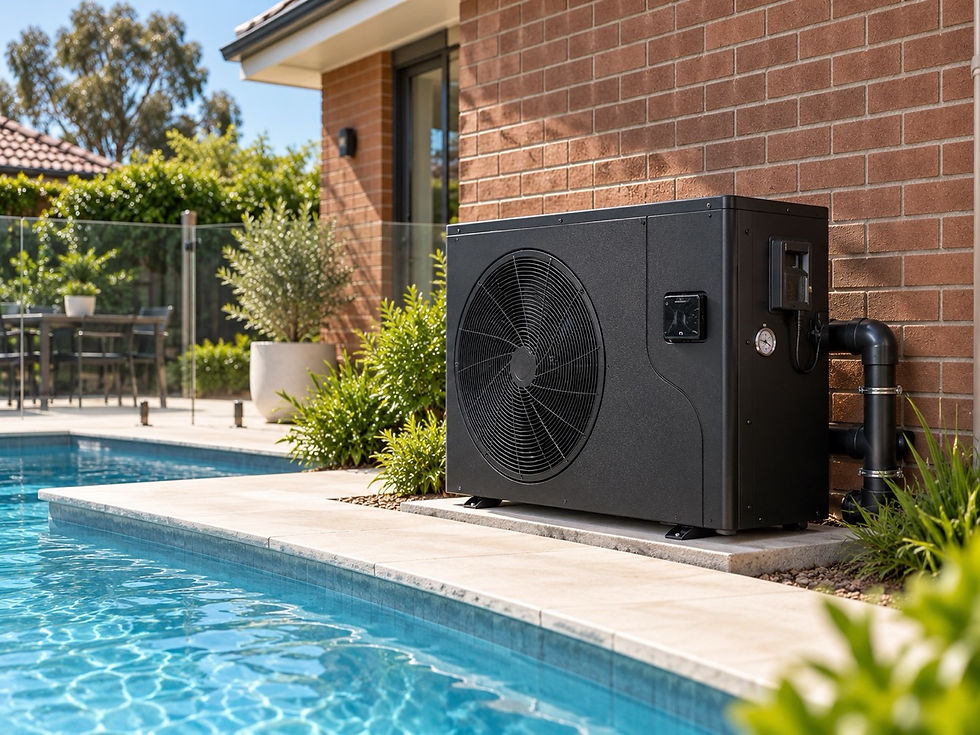 Black Guardian pool heat pump installed beside a brick Adelaide home