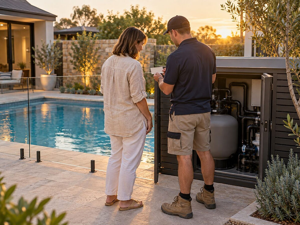 Beasley technician discussing warranty service with a homeowner at the pool equipment enclosure