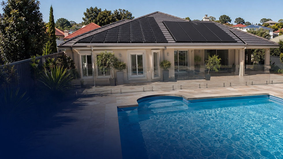Zane solar pool heating collectors on an Adelaide home with a heated pool at dusk