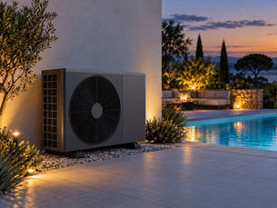 Black inverter pool heat pump on a beside a modern backyard pool in Adelaide at sunset
