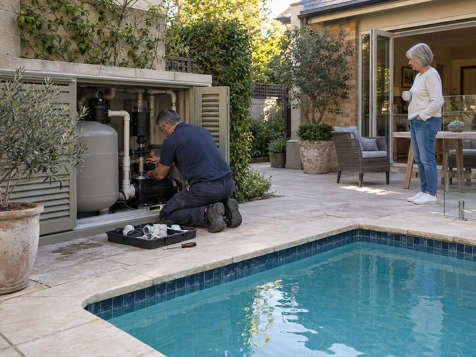 Technician repairing pool equipment in an outdoor enclosure while the homeowner watches