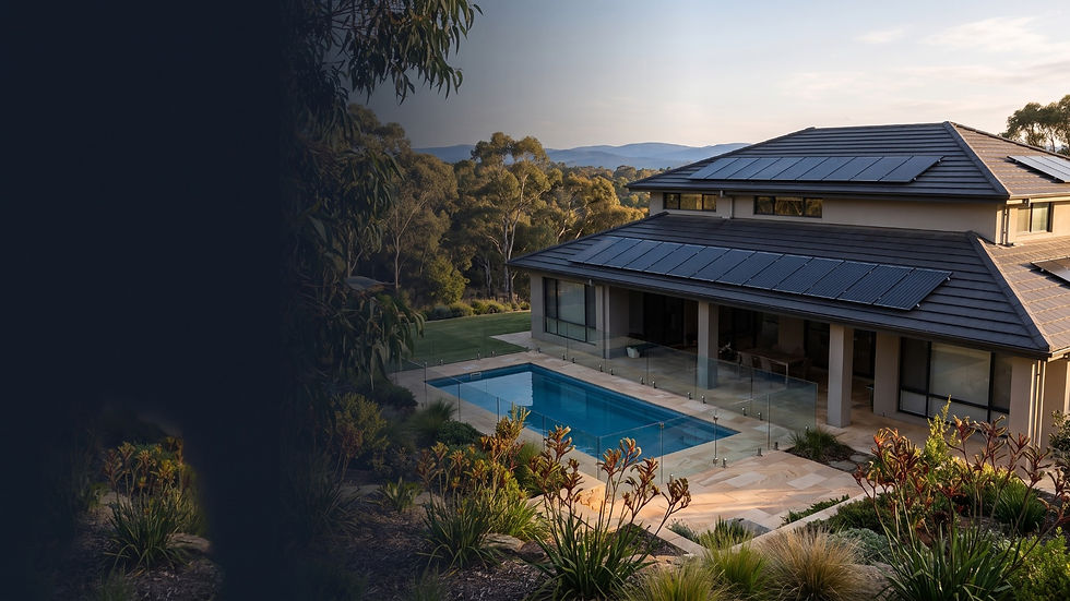Zane Gulfpanel solar pool heating collectors on an Adelaide Hills home overlooking the valley