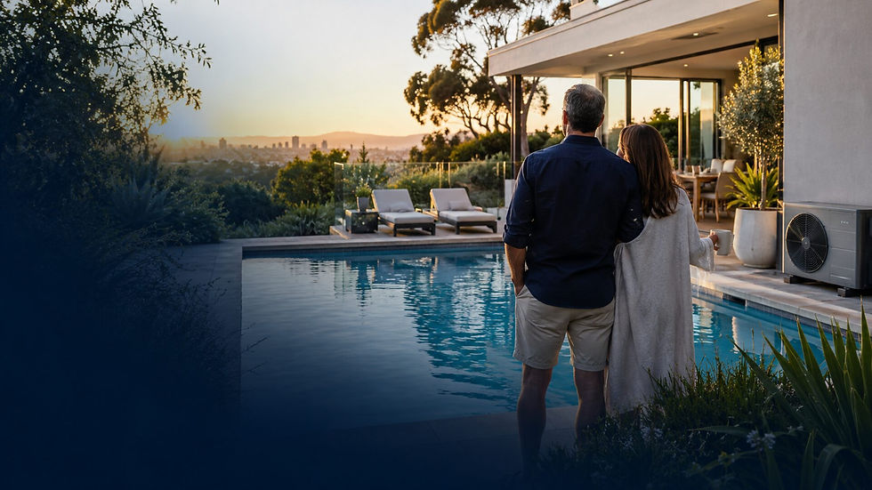 Couple looking out over their heated pool from an Adelaide Hills home at sunset