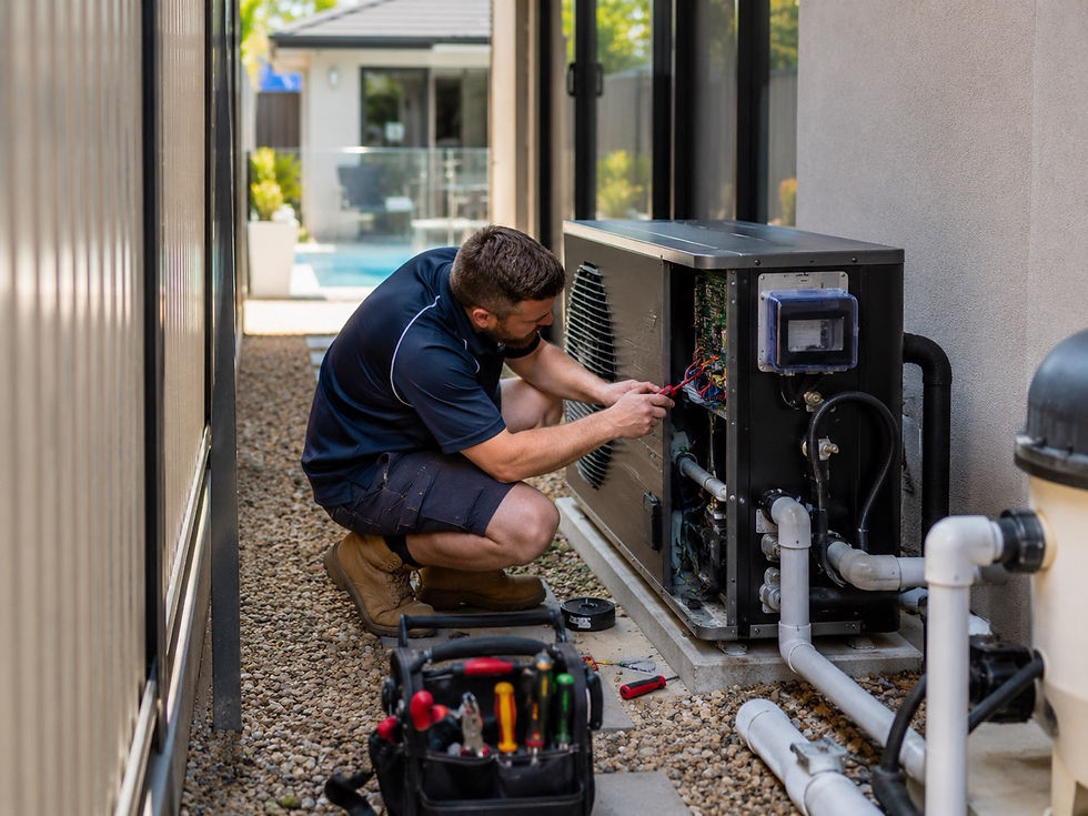 Technician servicing a pool heating system on site