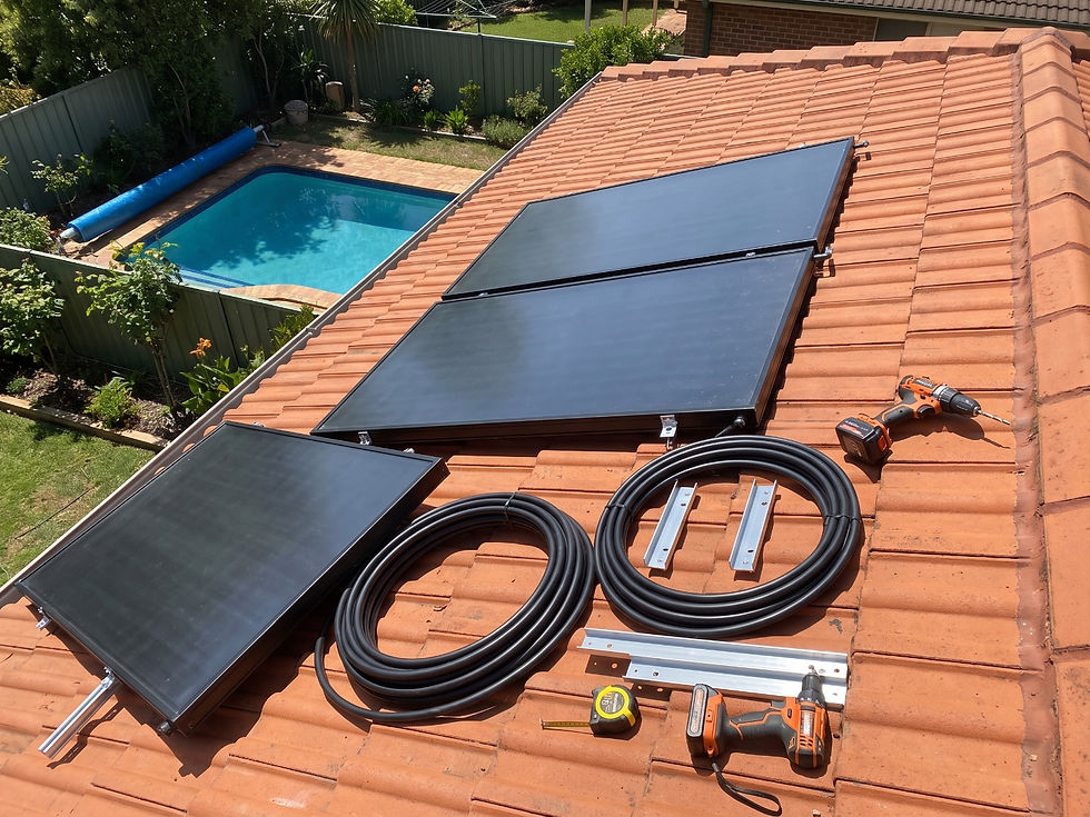 Zane Gulfpanel DIY kit part-installed on a tile roof with pipework, brackets and tools