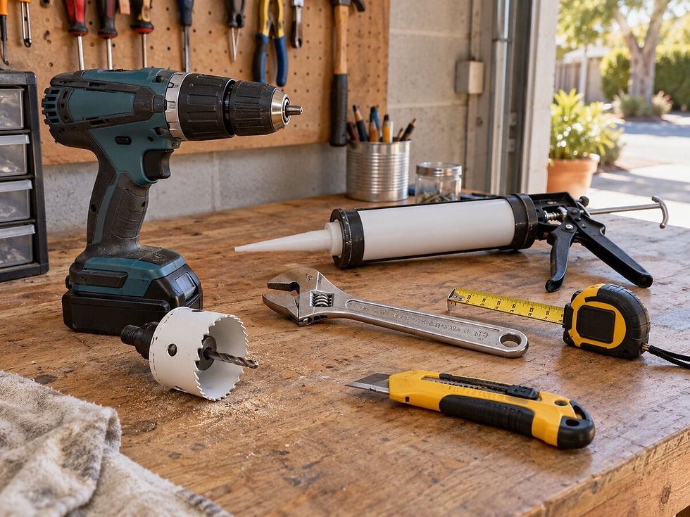 Cordless drill, hole saw, wrenches and tape measure laid out for a DIY solar kit install