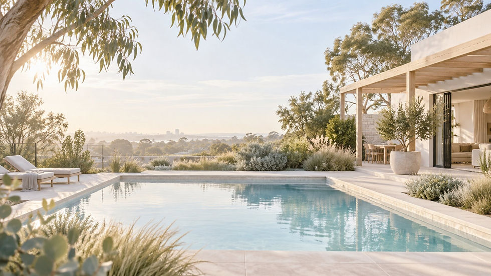 Heated pool at a modern coastal Adelaide home with gum trees and views to the city