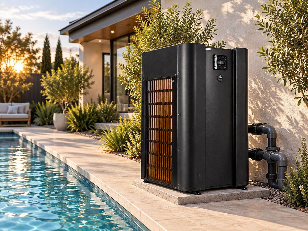 Guardian Lux V heat pump on a concrete pad beside a pool in the afternoon sun
