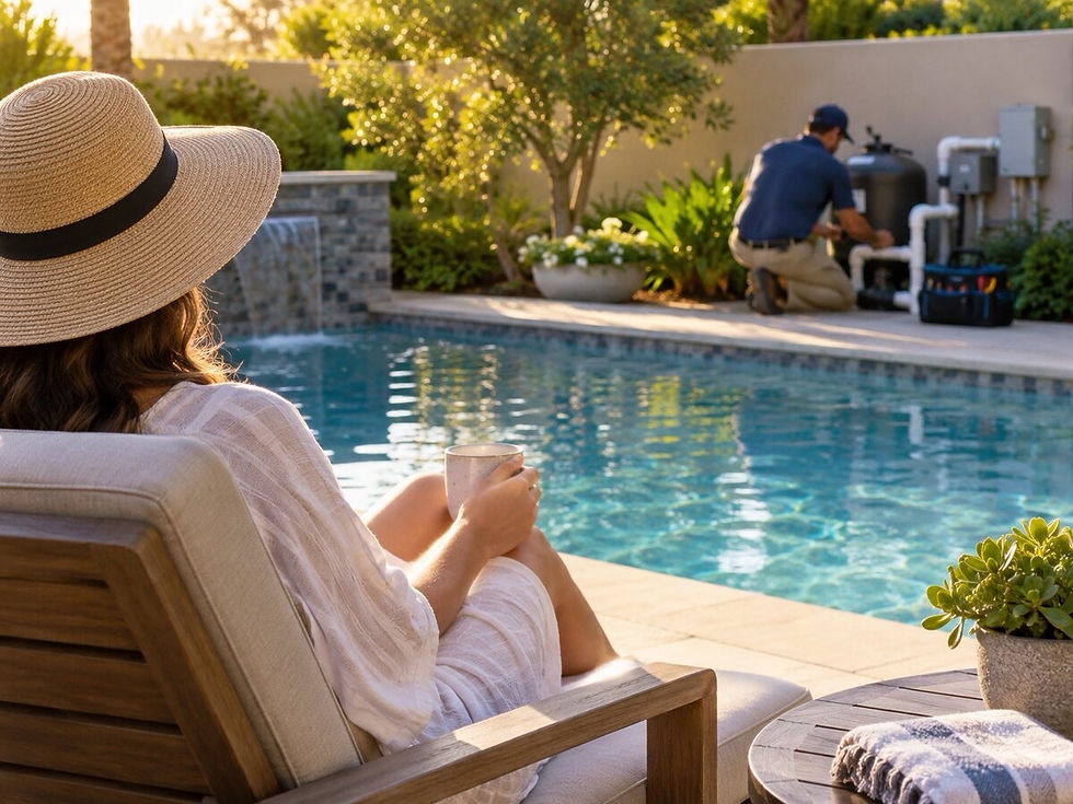 Woman relaxing on a sun lounge by a heated pool while a Beasley technician services the equipment in the background