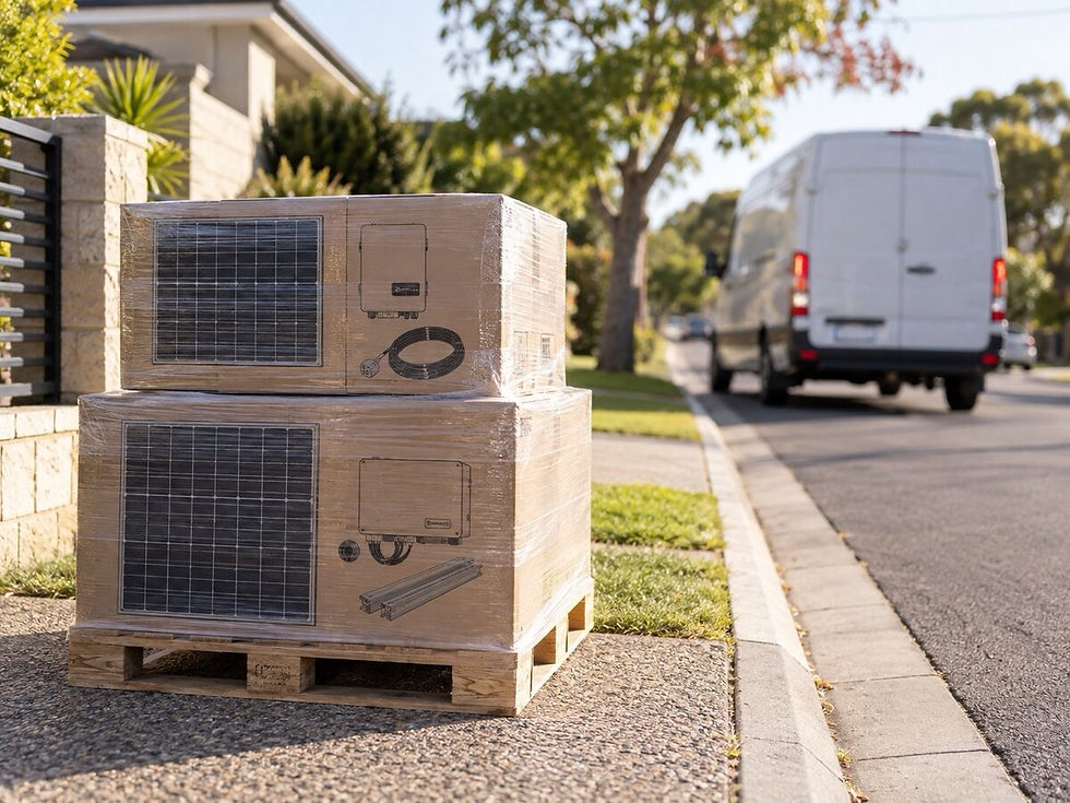 Boxed Zane DIY solar pool heating kit on a pallet delivered to a suburban driveway