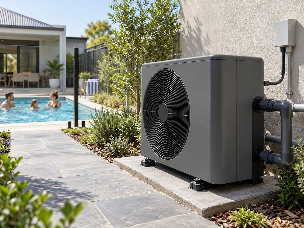 Guardian pool heat pump installed beside a backyard pool with a family swimming behind