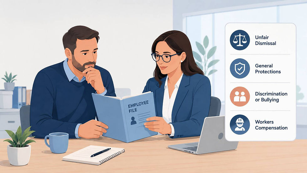 HR consultant and business owner reviewing an employee file, with icons for unfair dismissal, general protections, discrimination or bullying, and workers compensation risks.