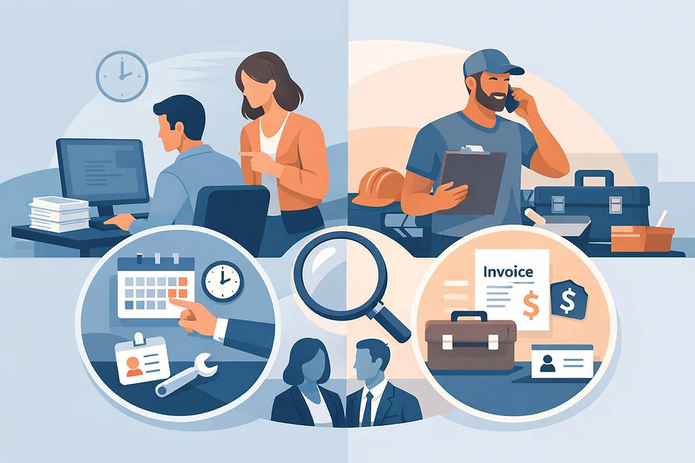 Office and fieldwork collage: people at computer and on phone, calendar, invoice, toolbox, magnifier, and business icons in blue tones