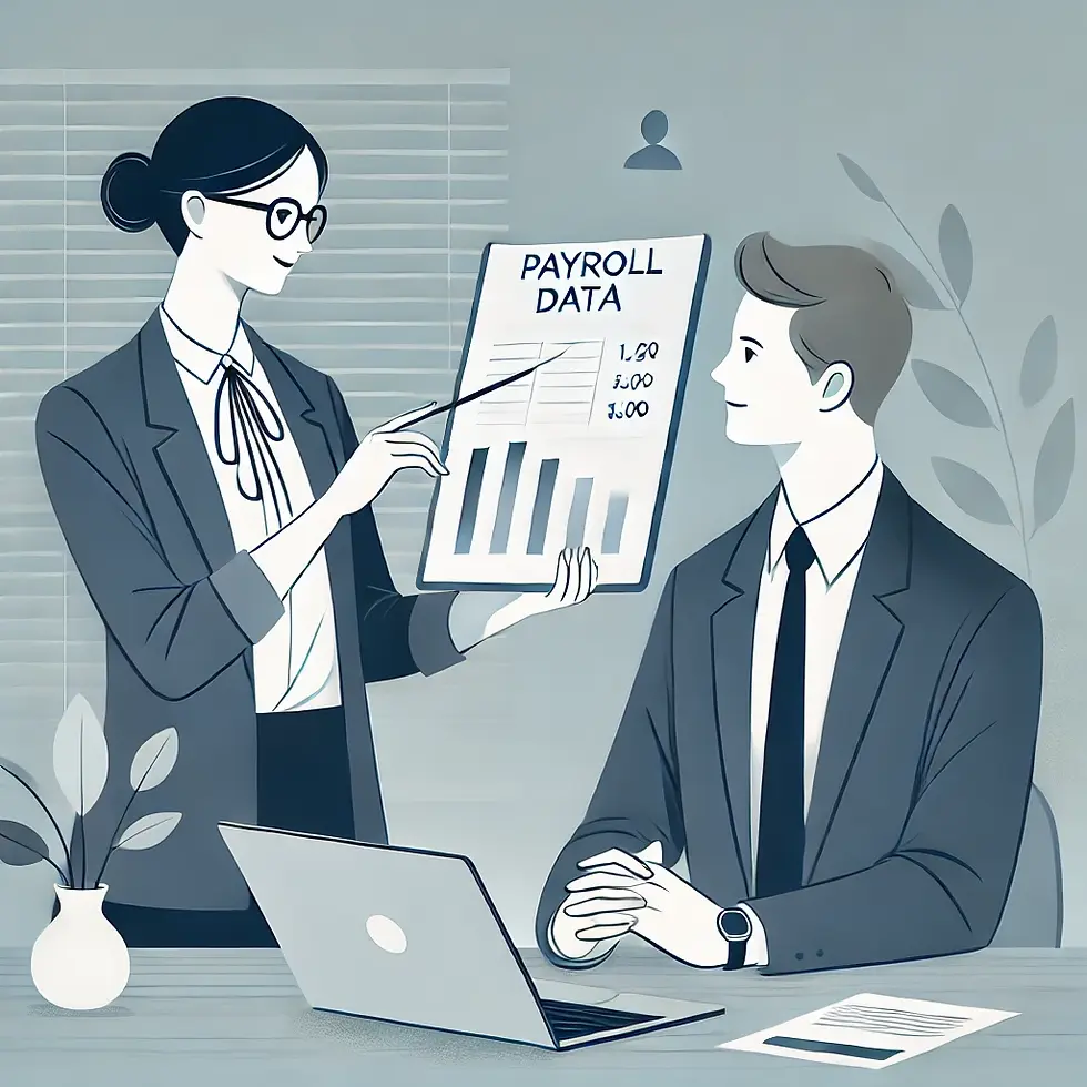Businesswoman presents payroll data on a chart to a male colleague in an office. Laptop and plants visible; formal attire, serious mood.