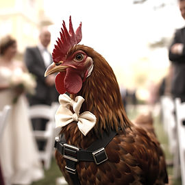chicken in a harness at an outdoor wedding, with a bow on its neck.jpg