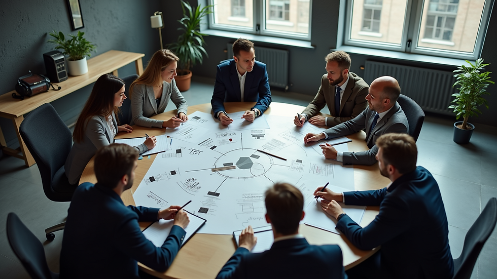 High angle view of a brainstorming session with digital marketing team
