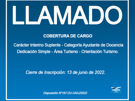 Llamado a Cobertura de Cargo | Categoría Ayudante de Docencia | Dedicación Simple | Área Turismo