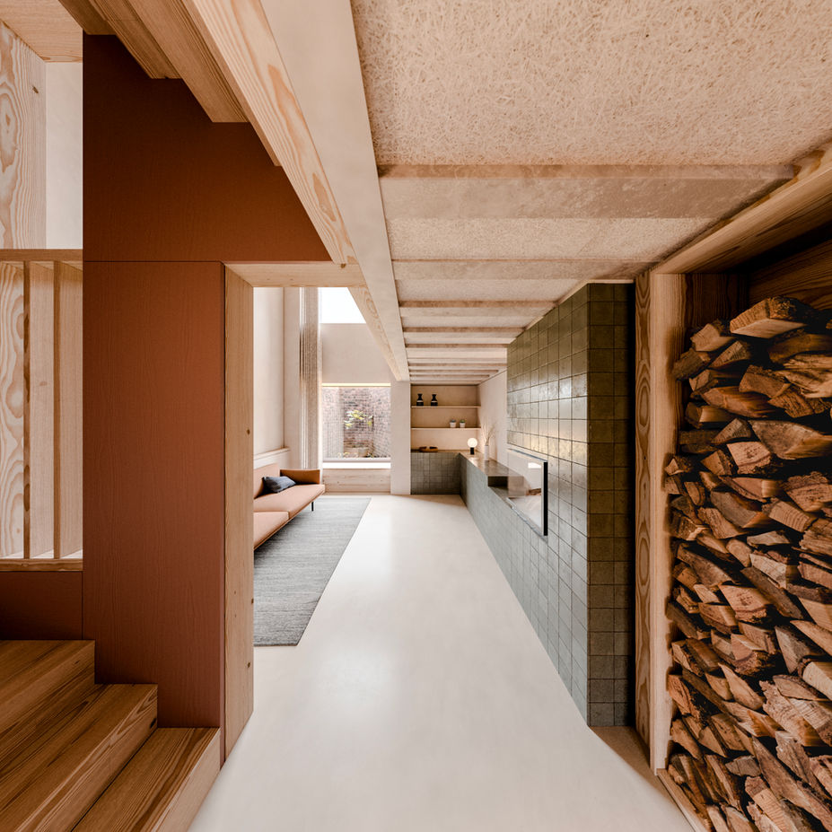 Architect design New build house on a narrow site in Edinburgh. Image of double height living space.
