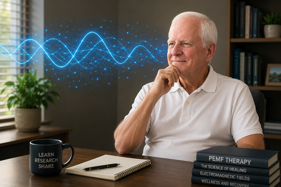 Tim researching PEMF therapy with abstract electromagnetic wave graphics.