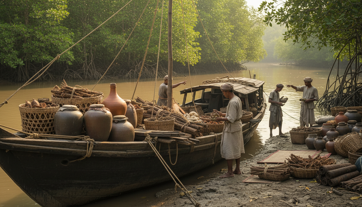 Eye-level view of a wooden trading boat near a muddy riverbank with clay jars and woven baskets.