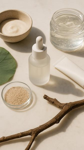 Natural skincare ingredients with facial serum and moisturizer for daily tropical skincare routine