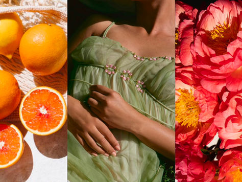 Summer body care fragrance inspiration featuring fresh citrus fruits, a woman in a soft green dress, and blooming pink peonies representing fresh, floral, and uplifting scent moods.