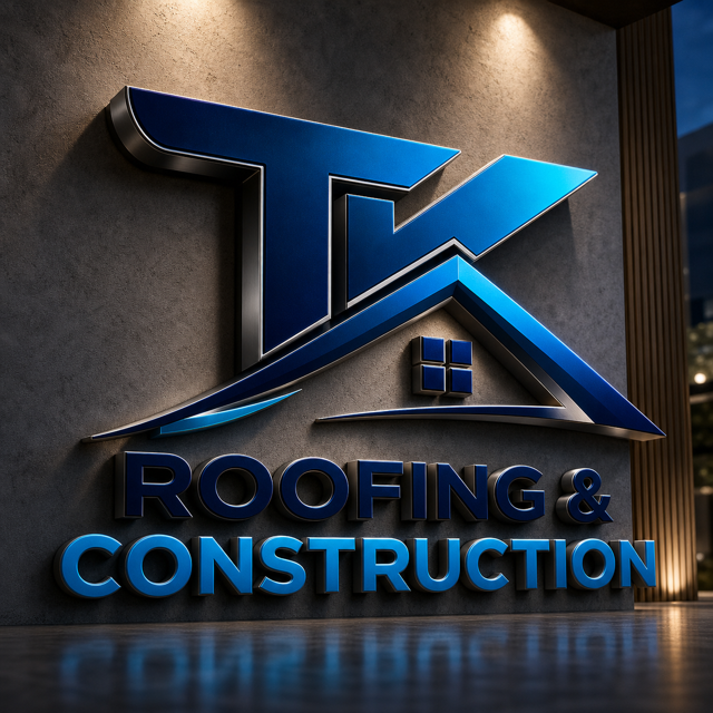 TK Roofing & Construction logo in blue tones