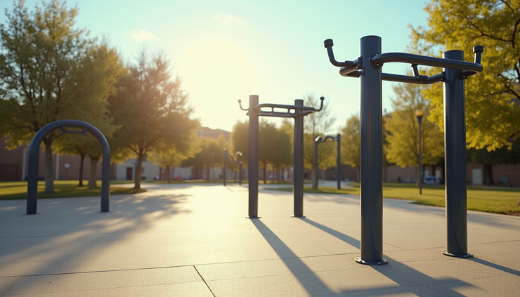 Wide angle view of Thornbury Recreation Ground with fitness bars