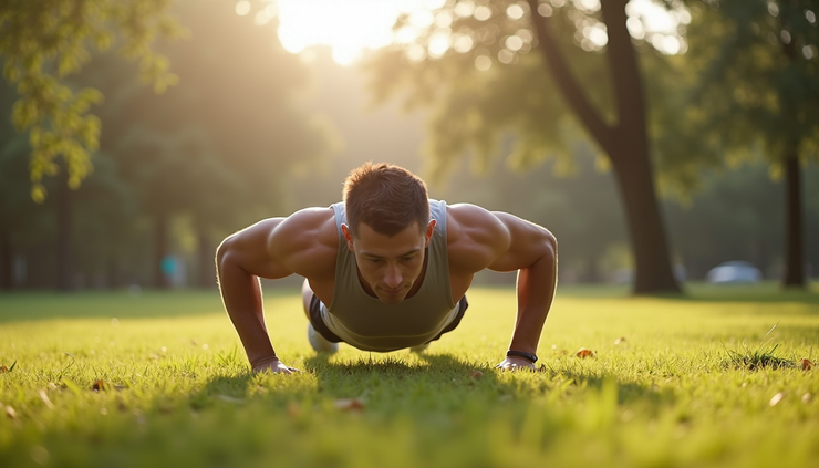 Eye-level view of a person performing a push-up in Thornbury park