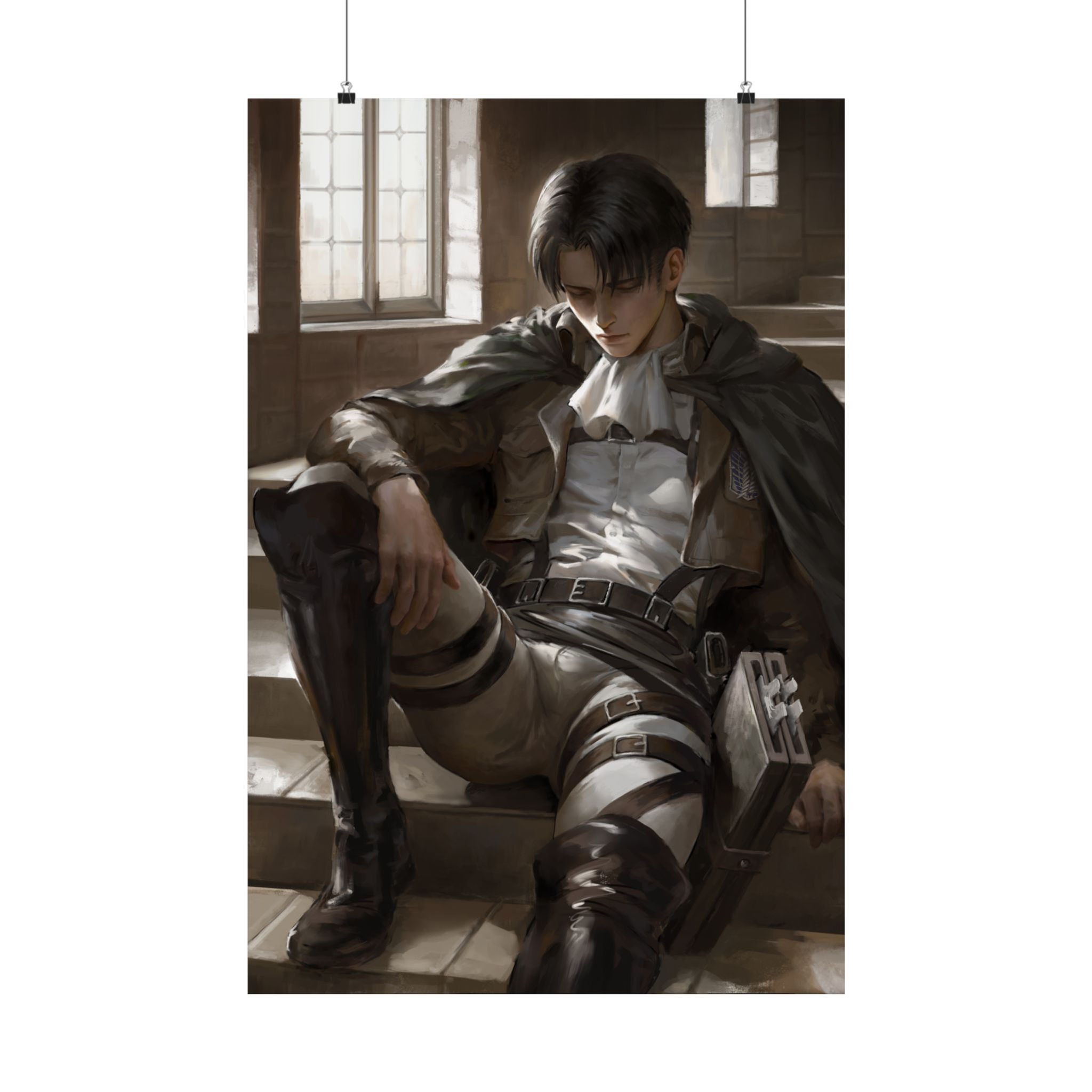 A painted illustration of Levi Ackerman from Attack on Titan, seated on a spiral staircase with soft window light.
