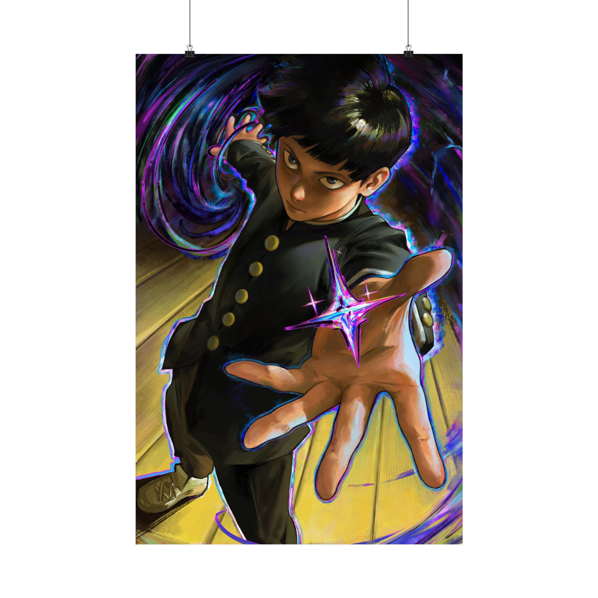 A dynamic painting of Mob from Mob Psycho 100, unleashing a vibrant swirl of blue, purple, and green psychic energy.