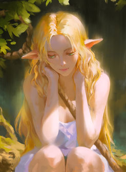 A soft, painterly portrait of Marcille Donato from Dungeon Meshi in a forest, looking down with a gentle, shy expression.