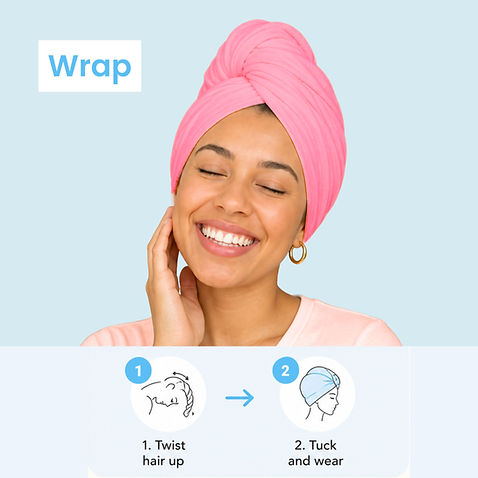 Woman wearing a pink t-shirt hair towel wrapped on her head after showering