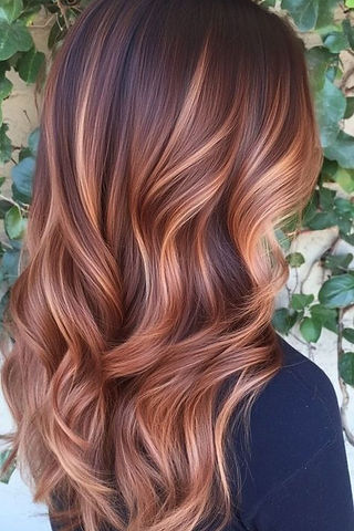 Brunette woman with long curled hair and copper balayage hair color