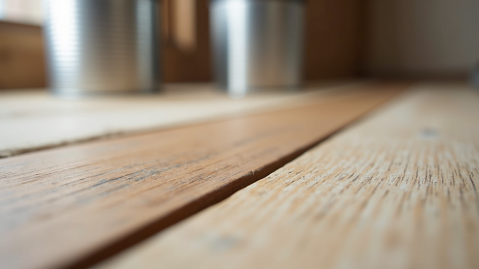 Close-up view of renovation materials including wood planks and paint cans