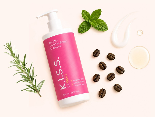 bright pink bottle of Keratin Volume Boost Shampoo with a sprig of rosemary, mint, coffee beans, and a smear of hydrating ingredients