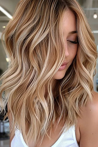 hand painted blonde balayage highlights on shoulder length hair