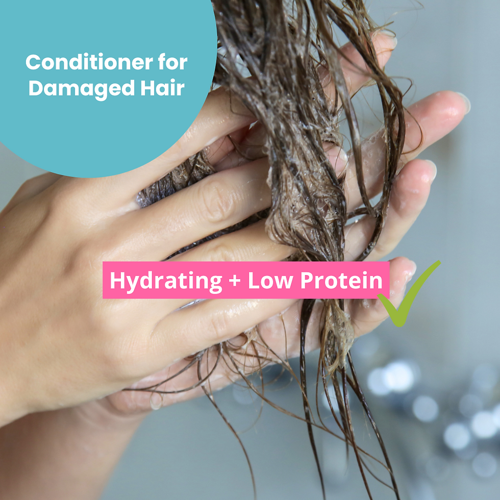 woman conditioning damaged hair; text hydrating + low protein